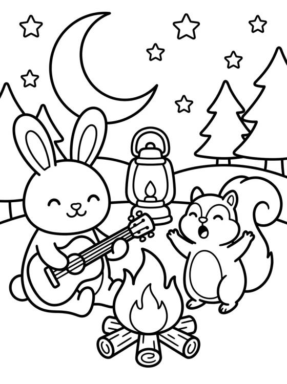 Desenho de Animales del Bosque Cantando en el Campamento para colorir e imprimir grátis
