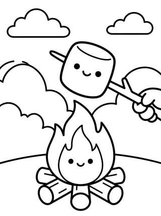 Desenho de Malvavisco Feliz en la Fogata de Campamento para colorir e imprimir grátis