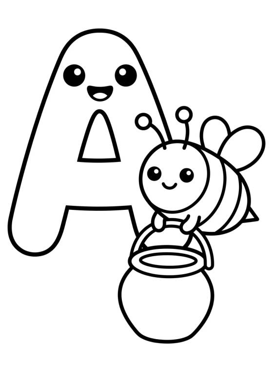 Desenho de Letra A con Abeja Tierna para colorir e imprimir grátis