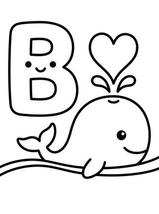 Desenho de Letra B con Ballena Adorable para colorir e imprimir grátis