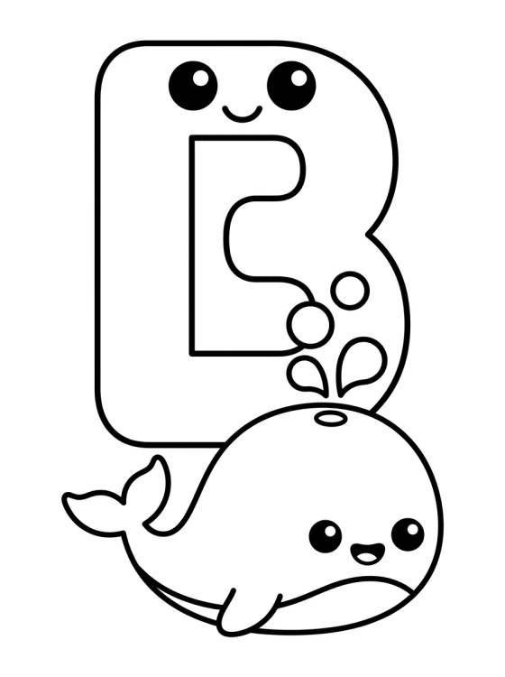 Desenho de Letra B con Ballena Kawaii para colorir e imprimir grátis
