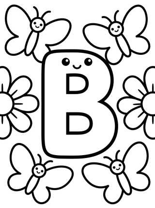 Desenho de Letra B con Mariposa Kawaii para colorir e imprimir grátis