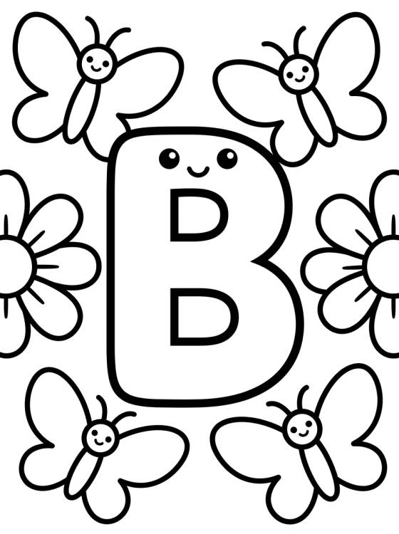Desenho de Letra B con Mariposa Kawaii para colorir e imprimir grátis