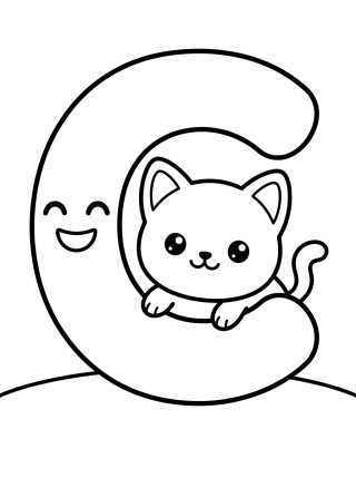 Desenho de Letra C con Gatito Tierno para colorir e imprimir grátis