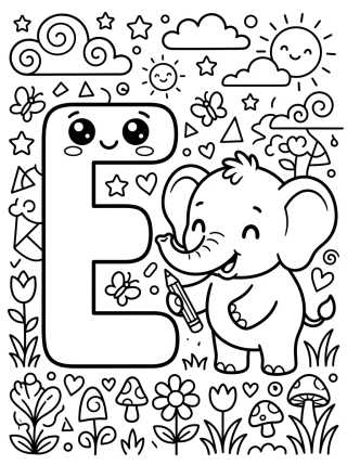 Desenho de Letra E del Elefantito Encantador para colorir e imprimir grátis