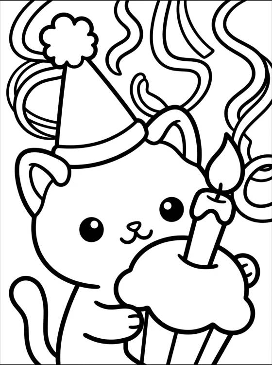 Desenho de Gatito con Sombrero de Cumpleaños para colorir e imprimir grátis