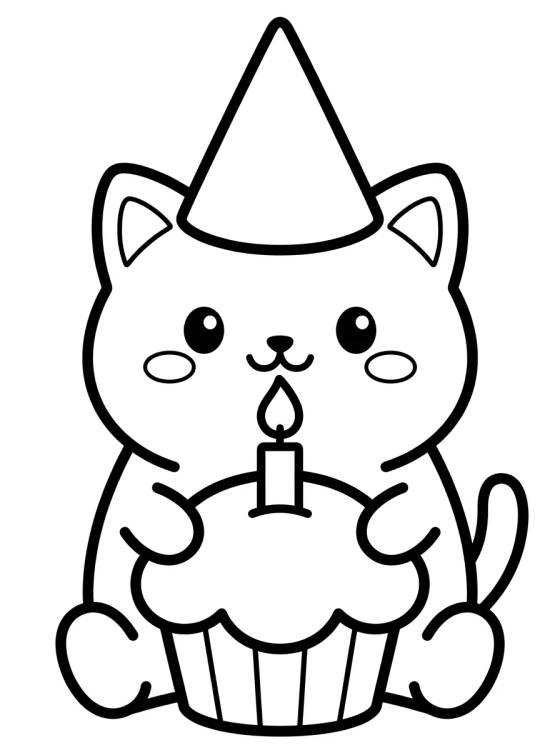 Desenho de Gatito con Gorro y Cupcake para colorir e imprimir grátis