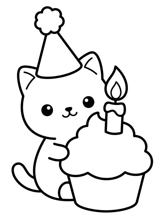 Desenho de Gatito con Cupcake de Cumpleaños para colorir e imprimir grátis