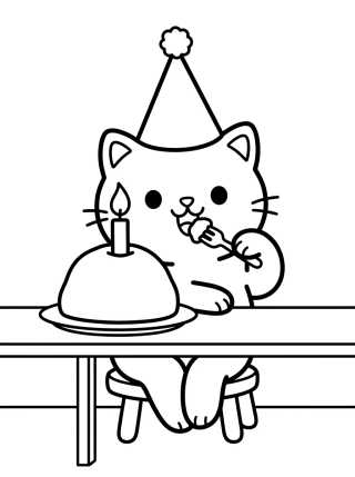 Desenho de Gatito Comiendo un Dulce de Fiesta para colorir e imprimir grátis