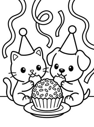 Desenho de Gatito y Perrito en Fiesta de Cumpleaños para colorir e imprimir grátis