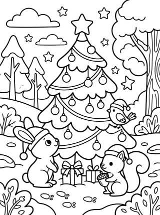 Desenho de Árbol de Navidad con Animales del Bosque para colorir e imprimir grátis
