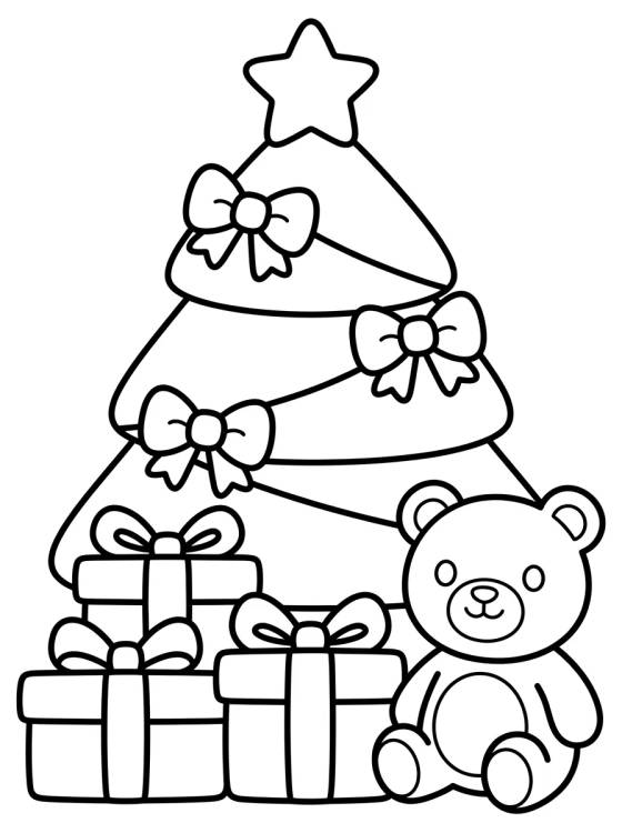 Desenho de Árbol de Navidad con Regalos y Osito para colorir e imprimir grátis