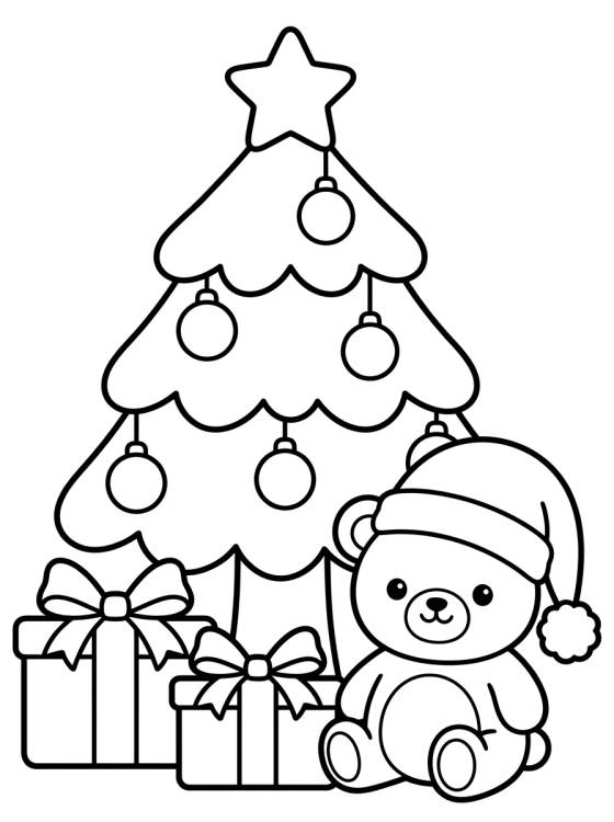 Desenho de Árbol de Navidad con Regalos y Osito para colorir e imprimir grátis