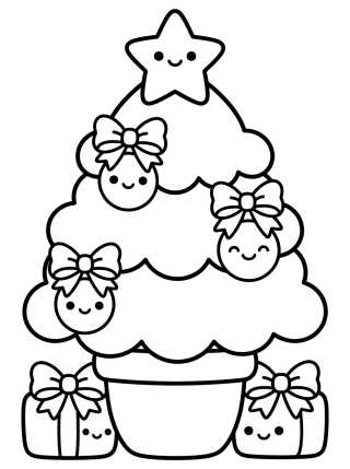 Desenho de Árbol de Navidad Kawaii con Estrella Sonriente para colorir e imprimir grátis