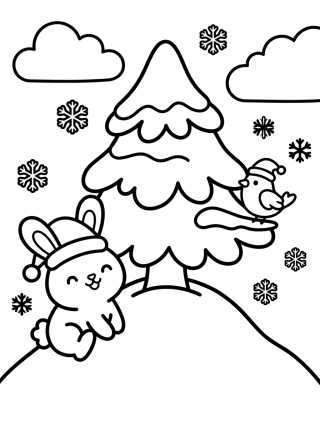 Desenho de Árbol de Navidad en la Nieve con Animales Lindos para colorir e imprimir grátis