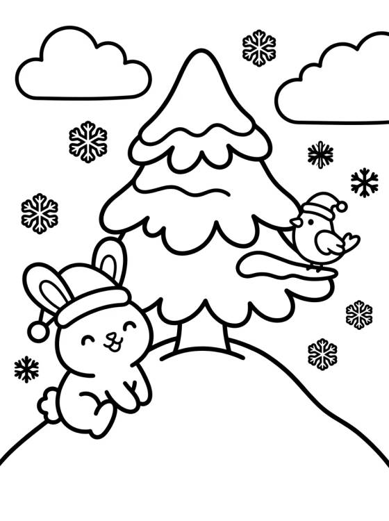 Desenho de Árbol de Navidad en la Nieve con Animales Lindos para colorir e imprimir grátis