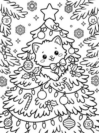 Desenho de Gatito Jugando en el Árbol de Navidad para colorir e imprimir grátis