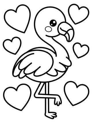 Desenho de Flamenco Kawaii con Corazones para colorir e imprimir grátis