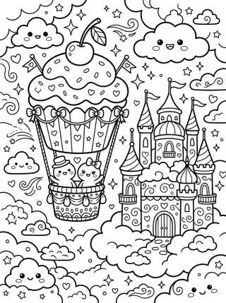 Desenho de Globo Cupcake y Castillo en las Nubes para colorir e imprimir grátis