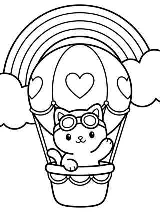Desenho de Gatito Piloto en Globo con Arcoíris para colorir e imprimir grátis