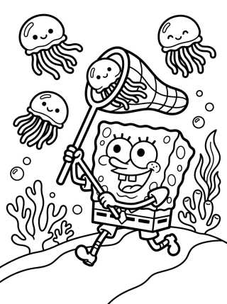 Desenho de Bob Esponja Cazando Medusas para colorir e imprimir grátis