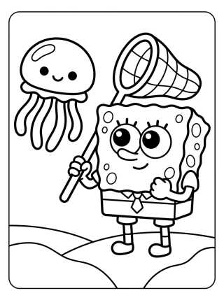 Desenho de Bob Esponja cazando medusas para colorir e imprimir grátis