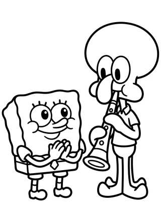 Desenho de Bob Esponja y Calamardo Tocando el Clarinete para colorir e imprimir grátis