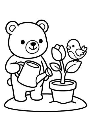 Desenho de Bobbie y el Pajarito Plantando Flores para colorir e imprimir grátis