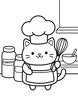 Desenho de Pastelillo Gato Chef en la Cocina para colorir e imprimir grátis