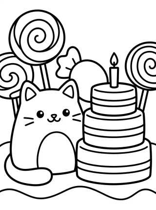 Desenho de Gato Pastel en un Festín de Dulces para colorir e imprimir grátis