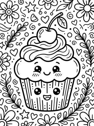 Desenho de Cupcake Sonriente con Cereza para colorir e imprimir grátis
