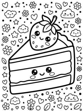 Desenho de Rebanada de Pastel de Fresa Feliz para colorir e imprimir grátis