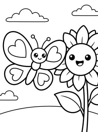 Desenho de Mariposa con Alas de Corazón y Girasol para colorir e imprimir grátis