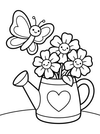 Desenho de Mariposa y Regadera Mágica con Flores para colorir e imprimir grátis