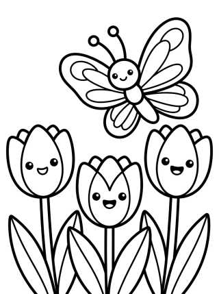 Desenho de Mariposa y sus Amigas las Flores para colorir e imprimir grátis