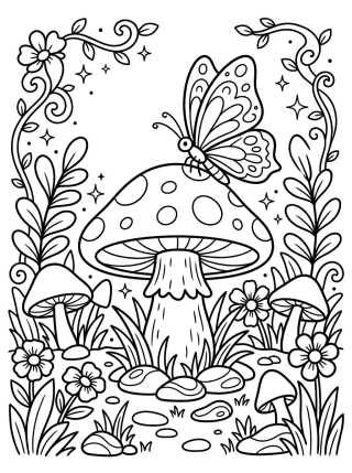Desenho de Mariposa en el Hongo Mágico para colorir e imprimir grátis