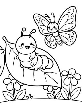 Desenho de Oruga y Mariposa Amigas en el Jardín para colorir e imprimir grátis