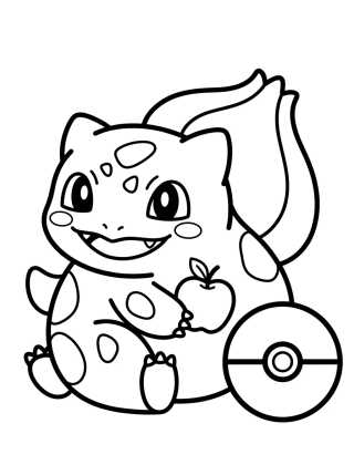Desenho de Bulbasaur con Manzana y Pokébola para colorir e imprimir grátis