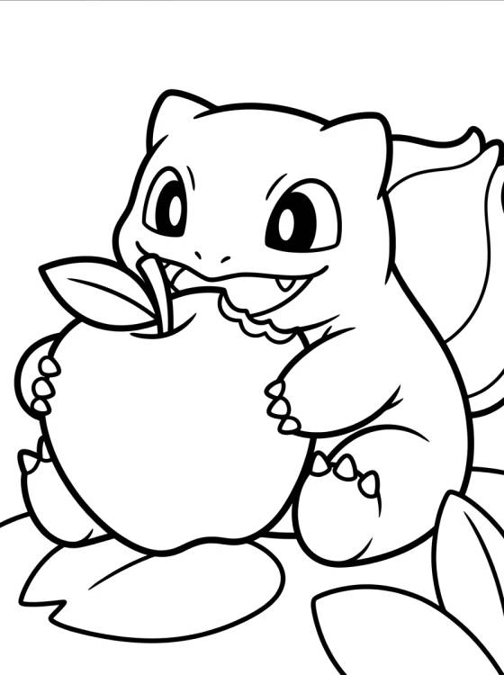 Desenho de Bulbasaur Comiendo una Manzana para colorir e imprimir grátis