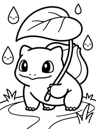 Desenho de Bulbasaur en la Lluvia con una Hoja para colorir e imprimir grátis
