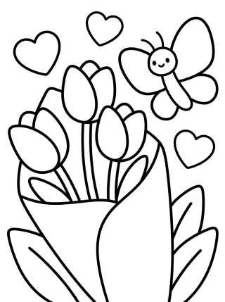 Desenho de Ramo de Tulipanes y Mariposa para colorir e imprimir grátis