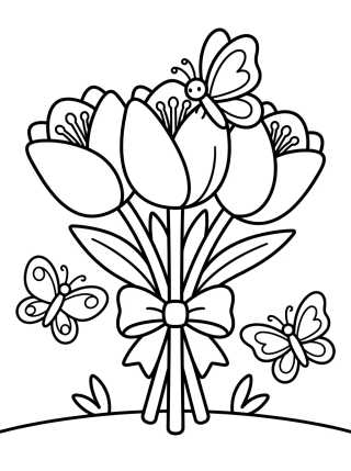 Desenho de Ramo de Tulipanes y Mariposas para colorir e imprimir grátis