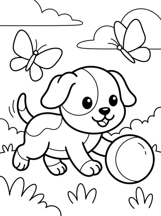 Desenho de Perrito Jugando con Pelota en el Jardín para colorir e imprimir grátis