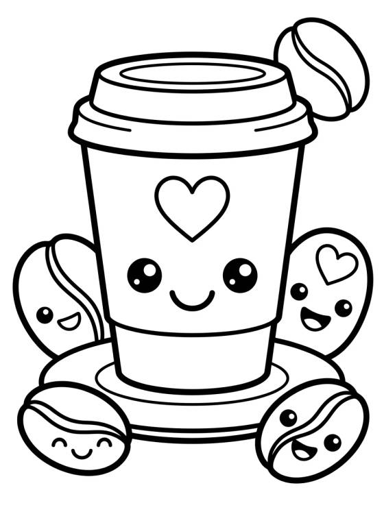Desenho de Vaso de Café Kawaii Sonriente para colorir e imprimir grátis