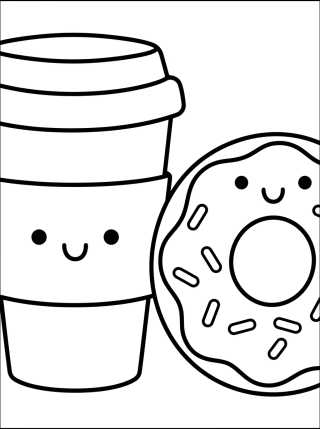 Desenho de Vaso de Café Kawaii y Donut para colorir e imprimir grátis