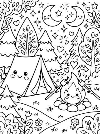 Desenho de Tienda de Campaña y Fogata Tierna para colorir e imprimir grátis