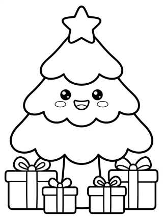 Desenho de Árbol de Navidad Kawaii con Regalos para colorir e imprimir grátis