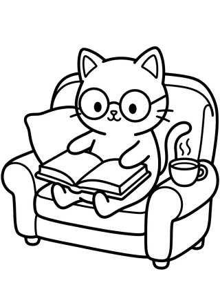 Desenho de Gatito Lindo Leyendo en el Sofá para colorir e imprimir grátis