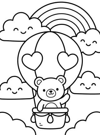 Desenho de Osito Kawaii en Globo Aerostático para colorir e imprimir grátis