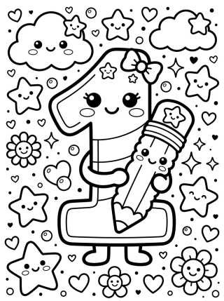 Desenho de Número 1 Kawaii con Lápiz para colorir e imprimir grátis